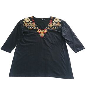 Boho‎ Embroidered Yoke Top XL Black August Silk 3/4 sleeve v neck western aztec